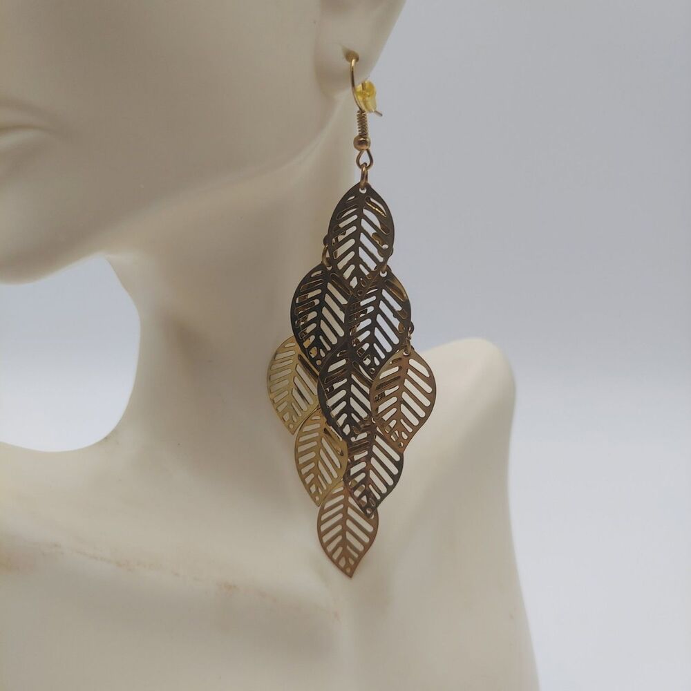 Leaf Metal Goldtone Dangle Earrings Bold 4"